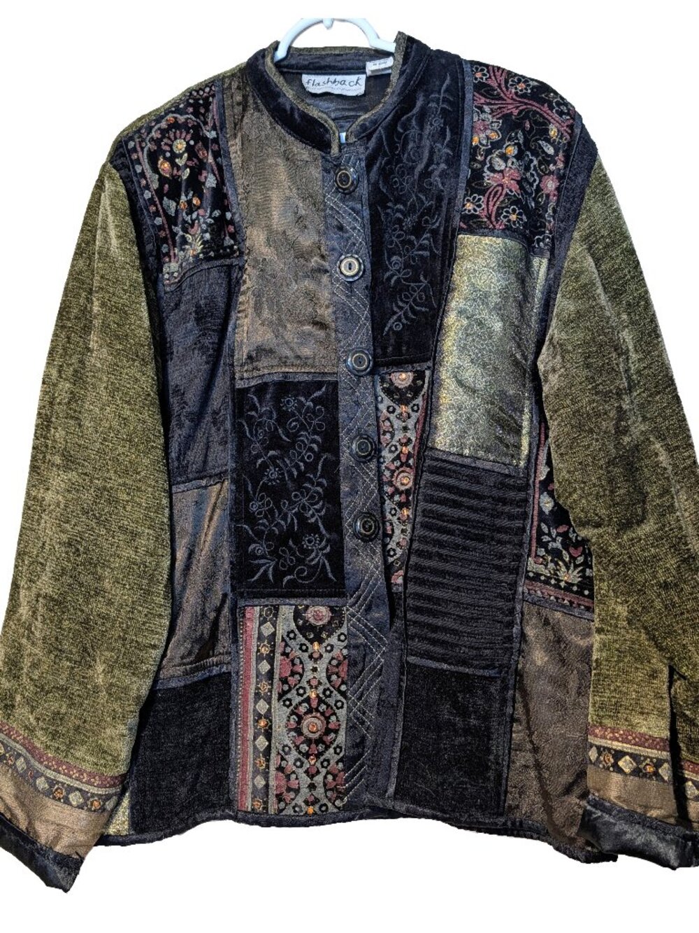 Vintage 90s Women's Velvet Jacket (Size XL) Whimsigoth Patchwork Wearable Art